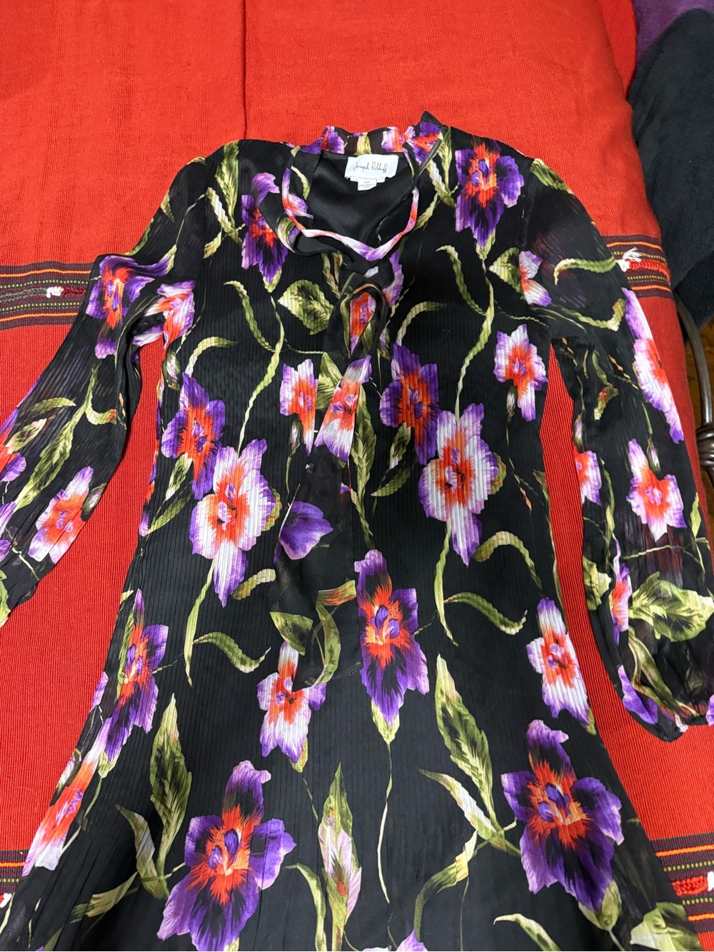Floral Black Long-Sleeve Women's Dress with Purple & Orange Flowers